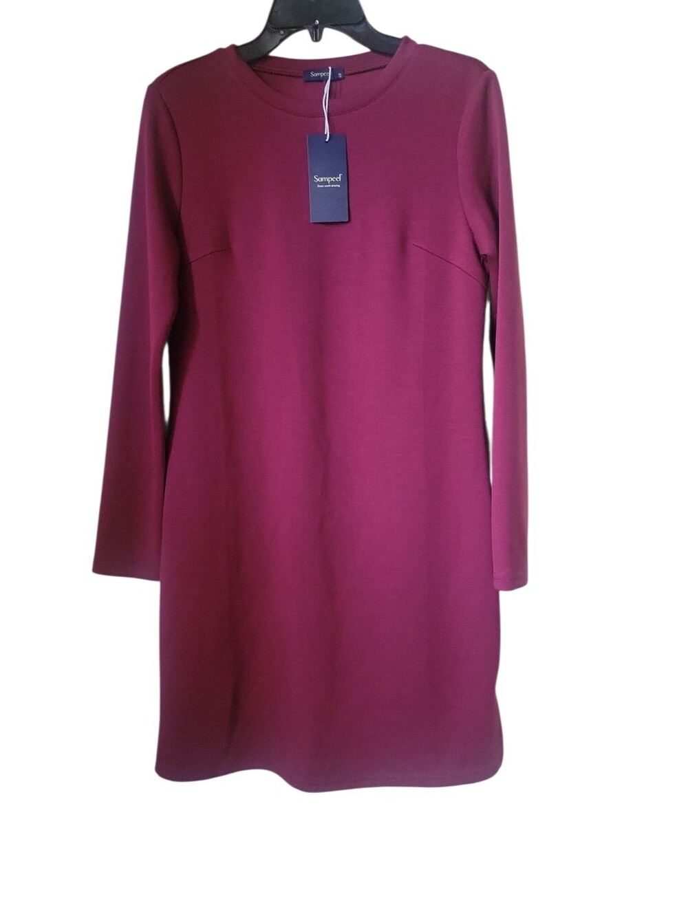 Sampeel Women's Long Sleeve Knit Shift Dress in Burgundy Crew Neckline Tailored - Picture 7 of 7